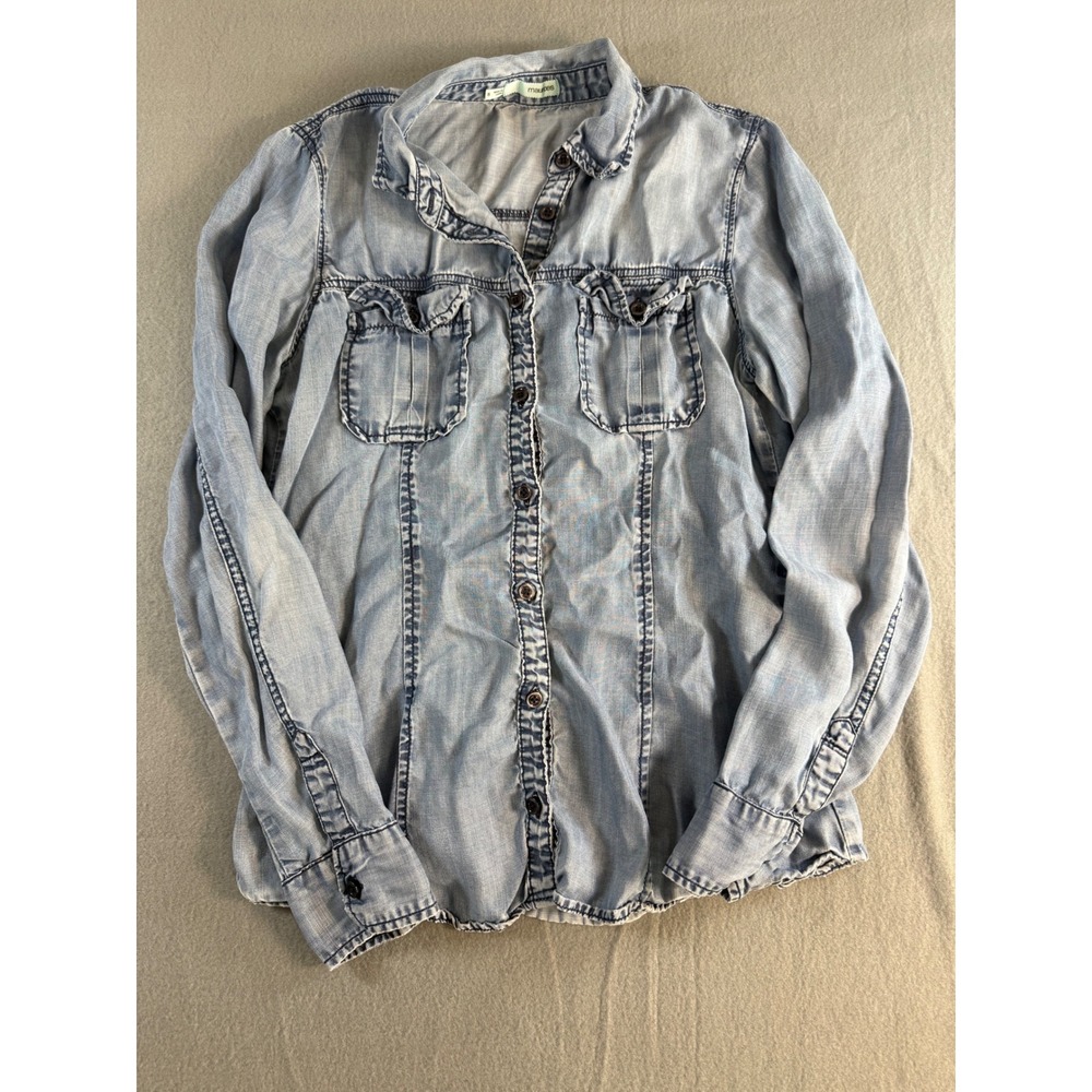 Maurices Womens Small Light Wash Denim Chambray Button Down Shirt Long Sleeve